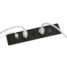 Minimalist flush mount power grommet with 3 power and 2 USB outlets in Matte Black by Doug Mockett And Company Inc