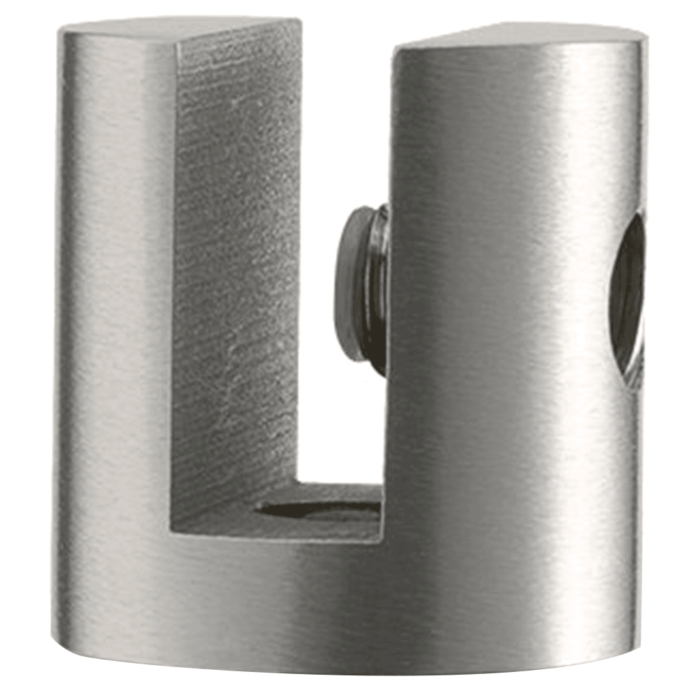 Barrel shelf bracket in satin stainless steel finish, machined from solid steel and finished by Doug Mockett And Company Inc.