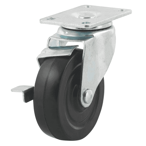 4" Light Medium Duty Rubber Swivel Caster with Brake - Zinc Plated Mounting Plate - Industrial Equipment and Shop Carts