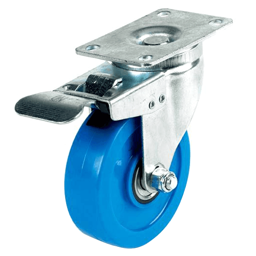Blue swivel caster with locking brake for high load capacity and non-marking grip on most surfaces