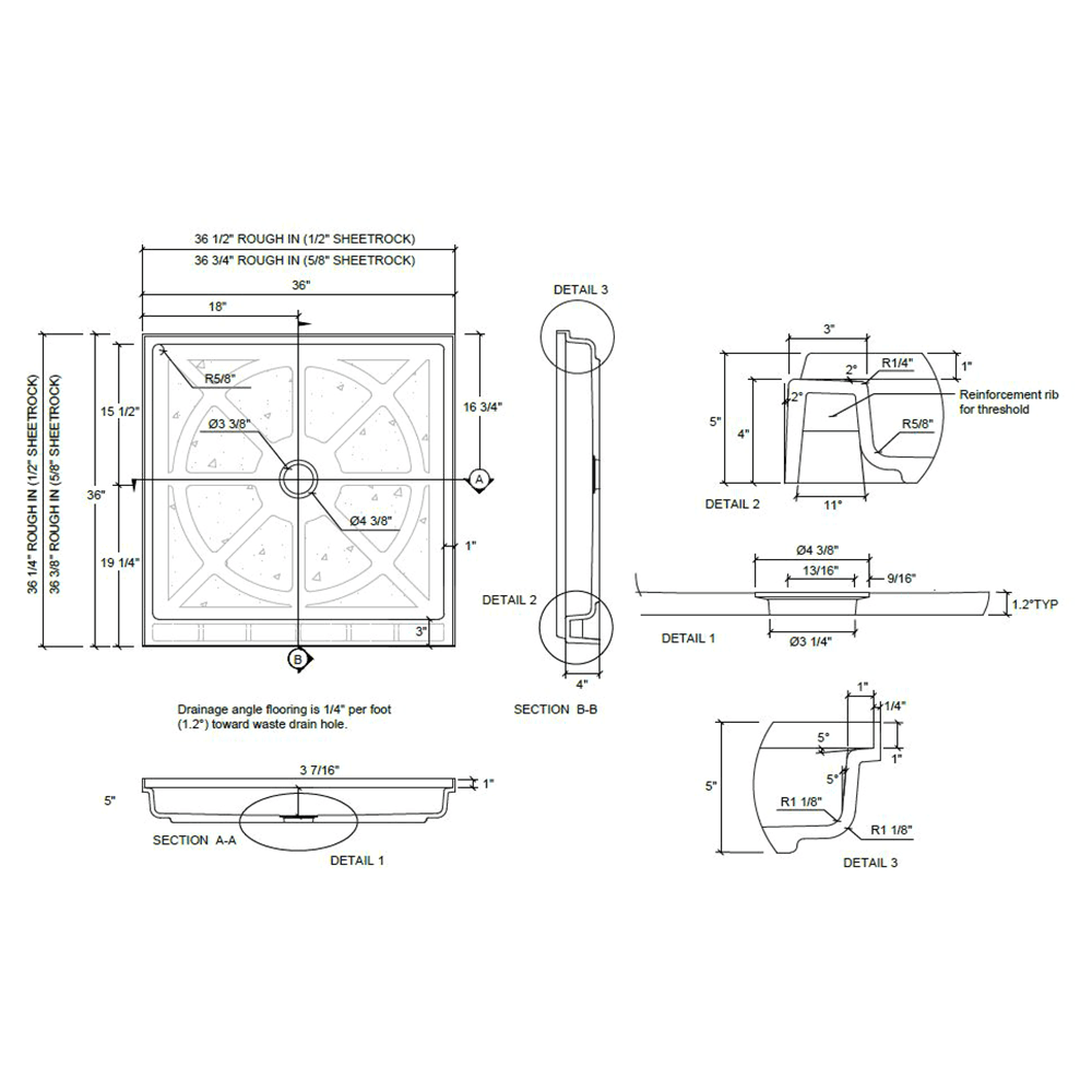 36" x 36" Standard Center Drain Shower Pans, Arctic White Alt 1 - Image