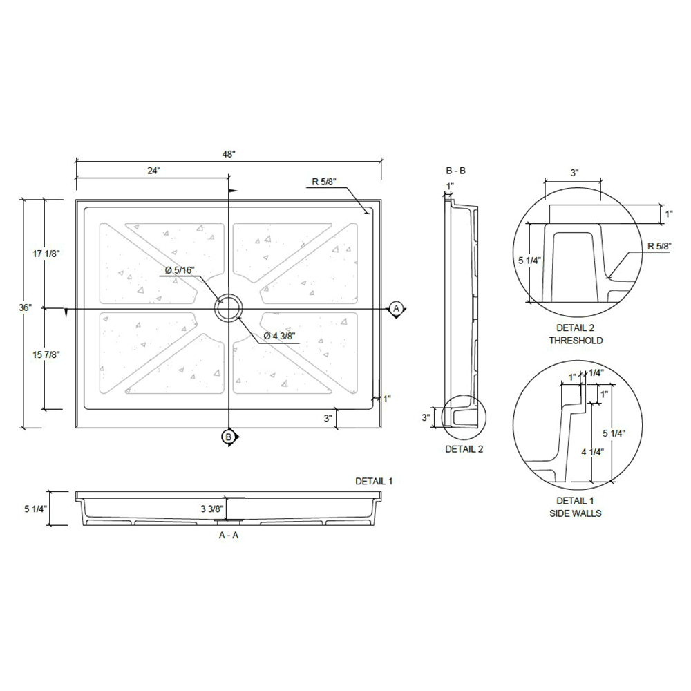 36" x 48" Standard Center Drain Shower Pans, Bone Alt 1 - Image