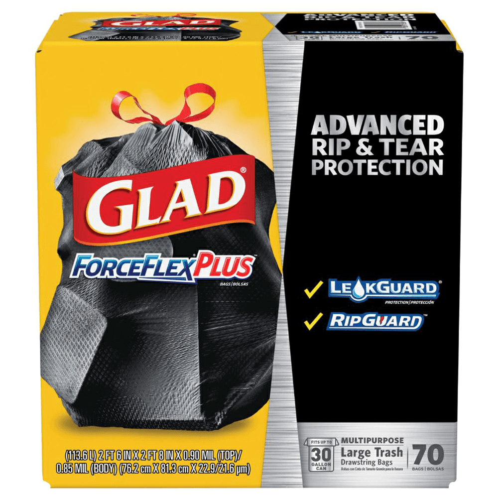 Glad ForceFlexPlus 30 Gallon Drawstring Large Trash Bag, Black (70/Box) Main - Image