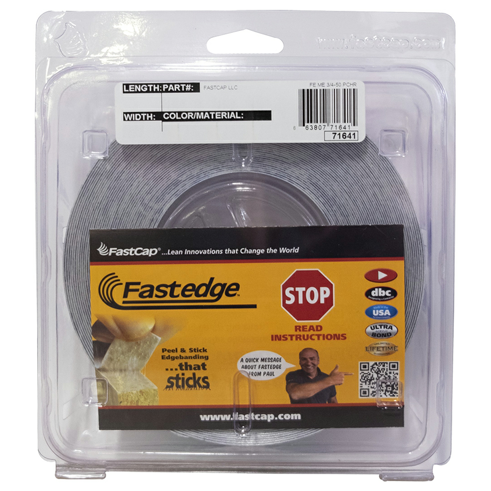 Fastedge PVC Peel/Stick Edgebanding, Brushed Chrome, 3/4&quot; Thick 15/16&quot; x 250&#39; Roll - Main Image