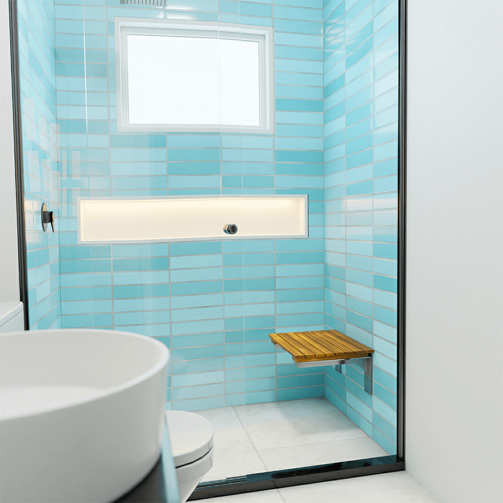 16" x 21" Shower Bench System, Teak/Stainless Steel Finish Alt 1 - Image