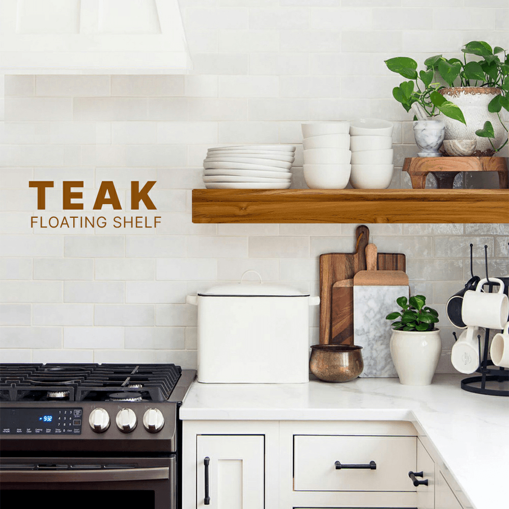 10" x 36" Floating Shelf, Teak Finish Alt 3 - Image