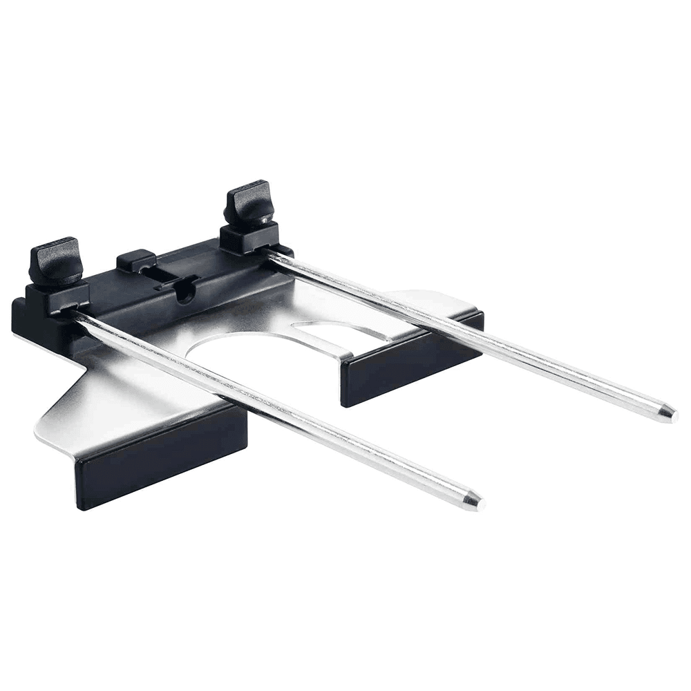 Close-up of Festool OF 1010 Edge Guide attachment with optional chip guard for efficient dust extraction