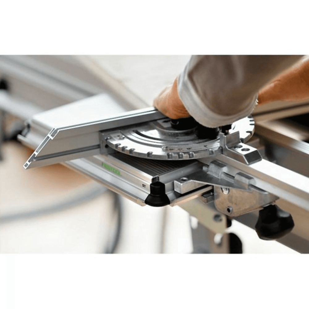 Festool CMS sliding table in use with router stop for guidance