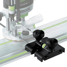 Festool OF 1400 router guide stop attaches easily with two rods and knobs for smooth, stable routing on FS guide rail system.