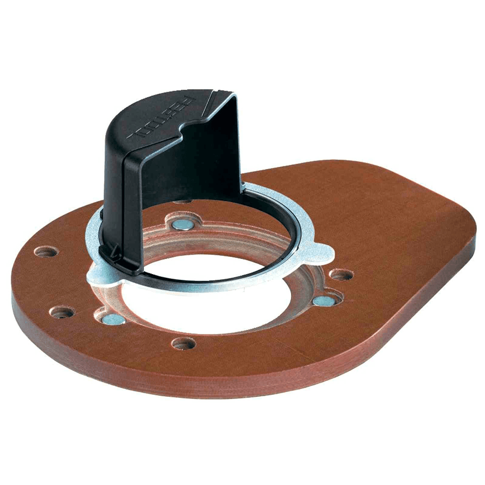 Close-up of Festool table widener base plate with rotating chip catcher.