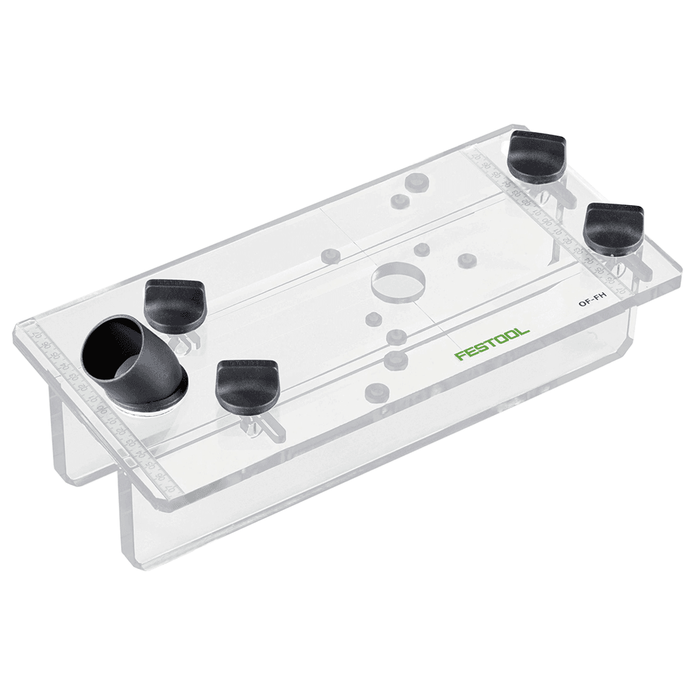 Festool 495246 Plexiglas Template Routing Aid for OF Routers with integrated dust port and movable legs for safe guidance.