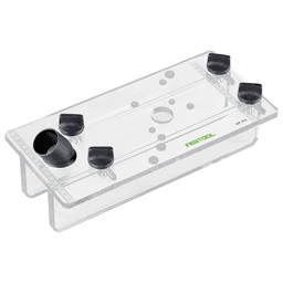 Festool 495246 Plexiglas Template Routing Aid for OF Routers with integrated dust port and movable legs for safe guidance.
