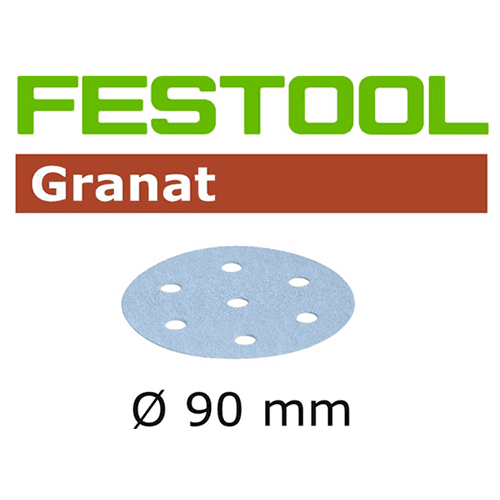 3-1/2" Hook & Loop 150 Grit 9 Holes Abrasive Granat D90 Sanding Disc, Aluminum Oxide on Paper (50/Box) - Main Image