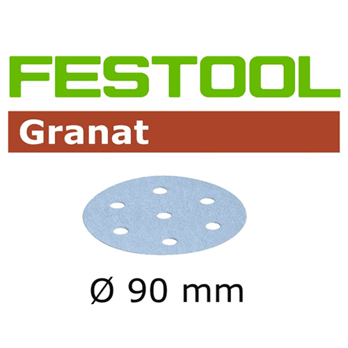 3-1/2" Hook & Loop 180 Grit 9 Holes Abrasive Granat D90 Sanding Disc, Aluminum Oxide on Paper (50/Box) - Main Image