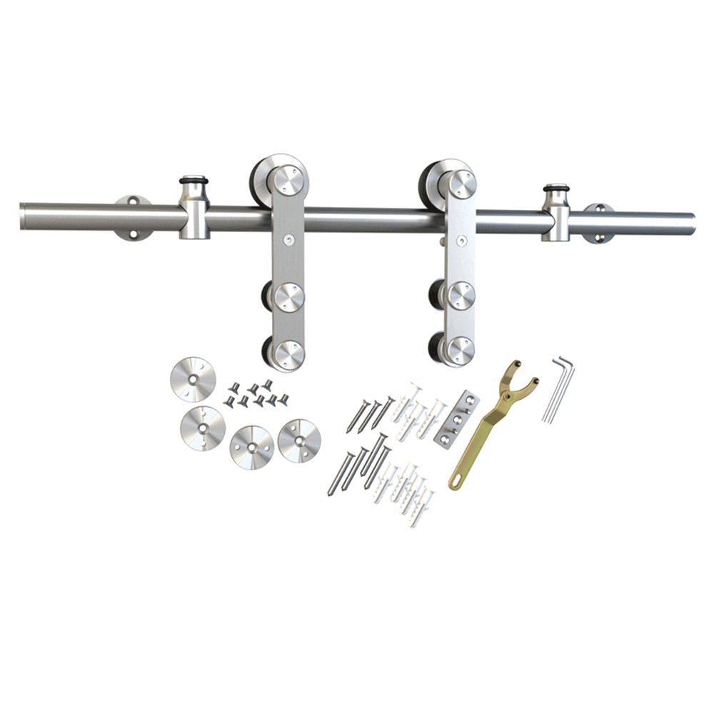 6.5'''' Round Rail Barn Door Hardware Kit, Surface Mount, Stainless Steel Finish - Set Includes Clamps, Door Stoppers, Rail, End Caps, Sliding Door Rollers, Floor Guide, Screws and Mounting Tools