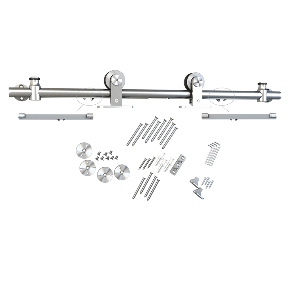Stainless Steel Finish Barn Door Hardware Kit - 4 Clamps, 2 Door Stoppers, 1 Rail, Floor Guide and Soft-Close Triggers