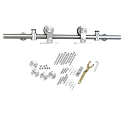 Stainless steel finish barn door kit with clamps, stoppers, rollers, and floor guide