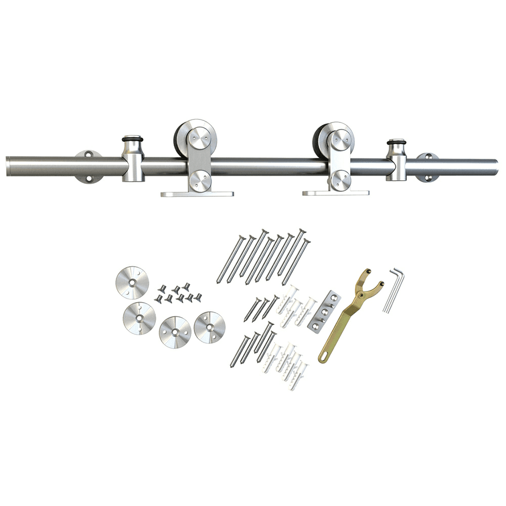 Complete set with rail, door stoppers, anti-jump blocks and floor guide.