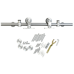 Complete set with rail, door stoppers, anti-jump blocks and floor guide.