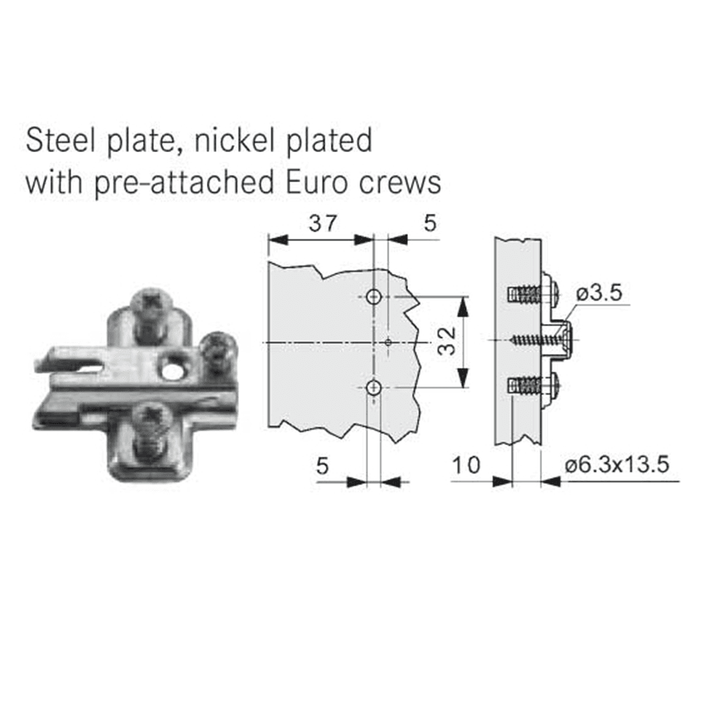 Nexis Adjustable Mounting Plate, Nickel-Plated, for Euro Screws, 0mm - Alt Image 1