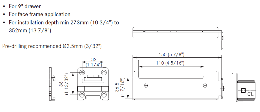 Grass Dynapro Zinc Rear Mount Brackets for 9" Drawer Slides, Installation Depth 269mm-299mm