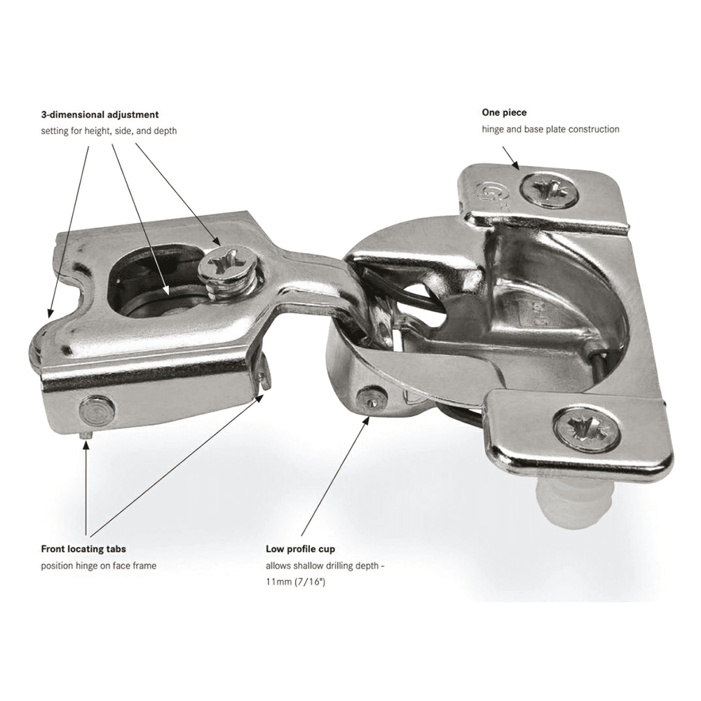 Tec 863 108&#730; Opening Euro Face Frame Hinge, 42mm Boring Pattern, Self-Closing, Variable Overlay, Dowelled - Alt Image 1
