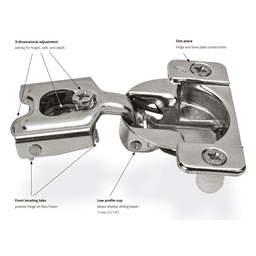 Tec 863 108&#730; Opening Euro Face Frame Hinge, 42mm Boring Pattern, Self-Closing, Variable Overlay, Dowelled - Alt Image 1