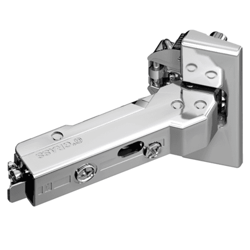 Tiomos +37˚ Angled Corner 110˚ Opening Hinge, 45mm Boring Pattern, Soft-Closing, Overlay, Nickel-Plated, Impresso - Main Image