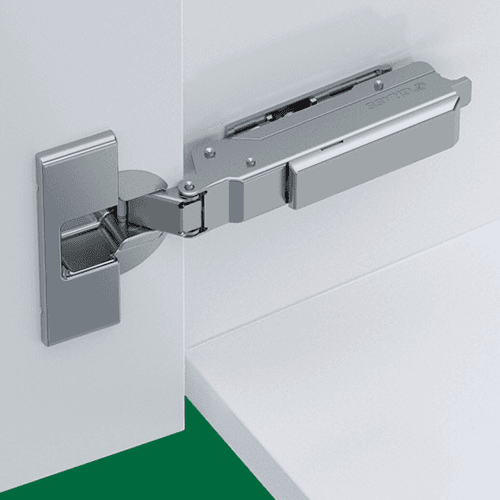 Tiomos 95&#730; Opening Thick Door Hinge, 42mm/45mm Bore Pattern, Soft-Closing, Half Overlay, Nickel-Plated, Impresso - Alt Image 1
