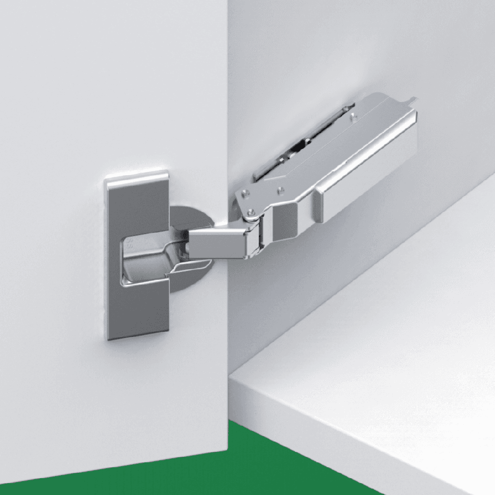 Tiomos 110&#730; Opening Hinge, 45mm Bore Pattern, Soft-Closing, Overlay, Nickel-Plated, Screw-On - Alt Image 1