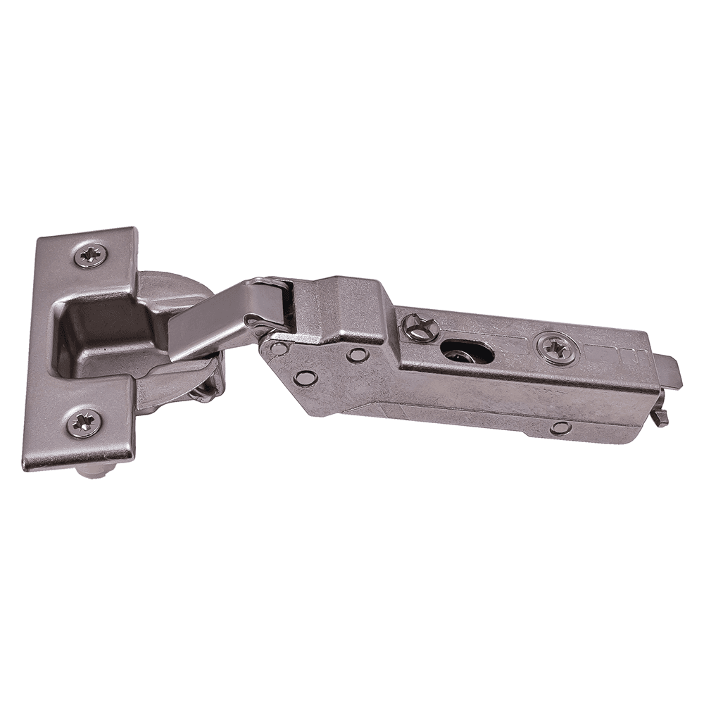 Tiomos 120&#730; Opening Hinge, 45mm Bore Pattern, Soft-Closing, Half Overlay, Nickel-Plated, Dowelled - Main Image