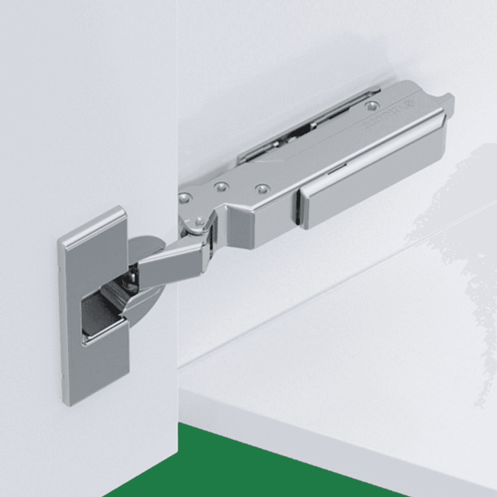 Tiomos -45&#730; Angled Corner 120&#730; Opening Hinge, 45mm Boring Pattern, Soft-Closing, Overlay, Nickel-Plated, Screw-On - Alt Image 1