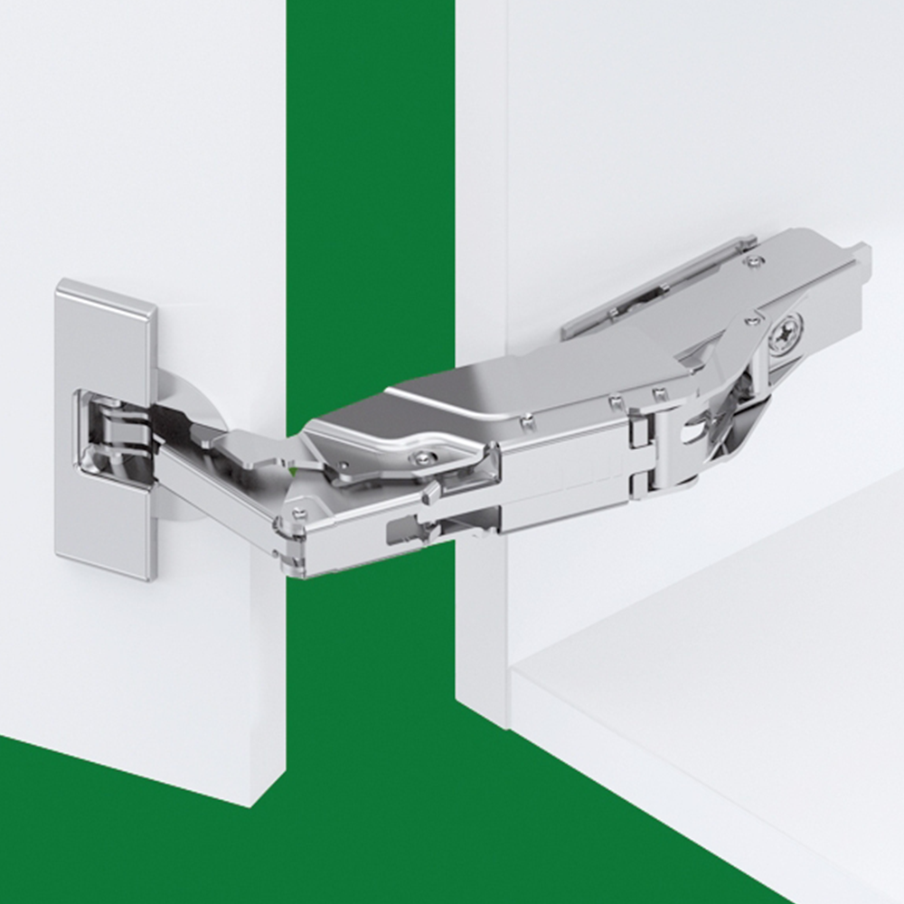 Tiomos 160&#730; Opening Hinge, 45mm Bore Pattern, Soft-Closing, Overlay, Nickel-Plated, Screw-On - Alt Image 1