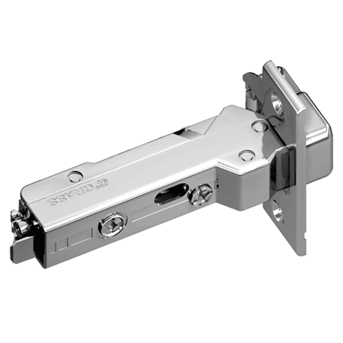 Tiomos 95&#730; Opening Thick Door Hinge, 45mm Bore Pattern, Soft-Closing, Half Overlay, Nickel-Plated, Screw-On - Main Image