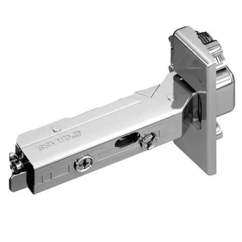 Tiomos 95˚ Opening Thick Door Hinge, 42/45mm Bore Pattern, Self-Closing, Full Overlay, Nickel-Plated, Impresso - Main Image