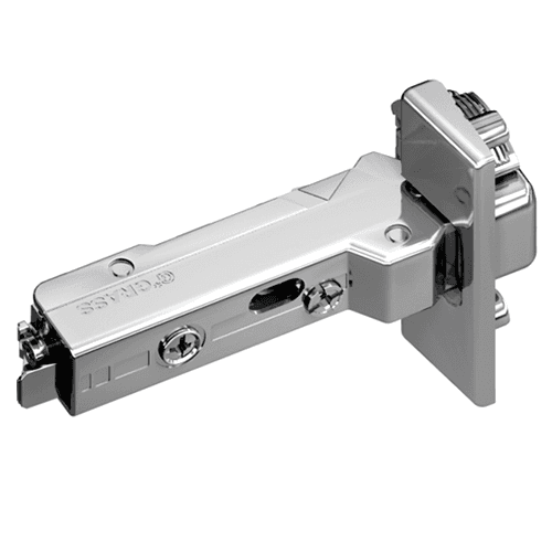 Tiomos 95˚ Opening Thick Door Hinge, 42/45mm Bore Pattern, Self-Closing, Half Overlay, Nickel-Plated, Impresso - Main Image
