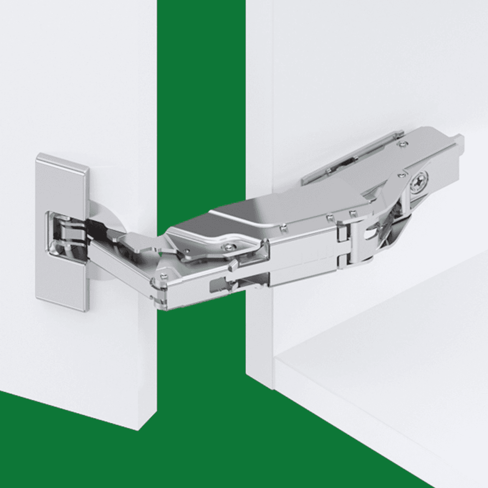 Tiomos 160&#730; Opening Hinge, 45mm Bore Pattern, Soft-Closing, Half Overlay, Nickel-Plated, Dowelled - Alt Image 1