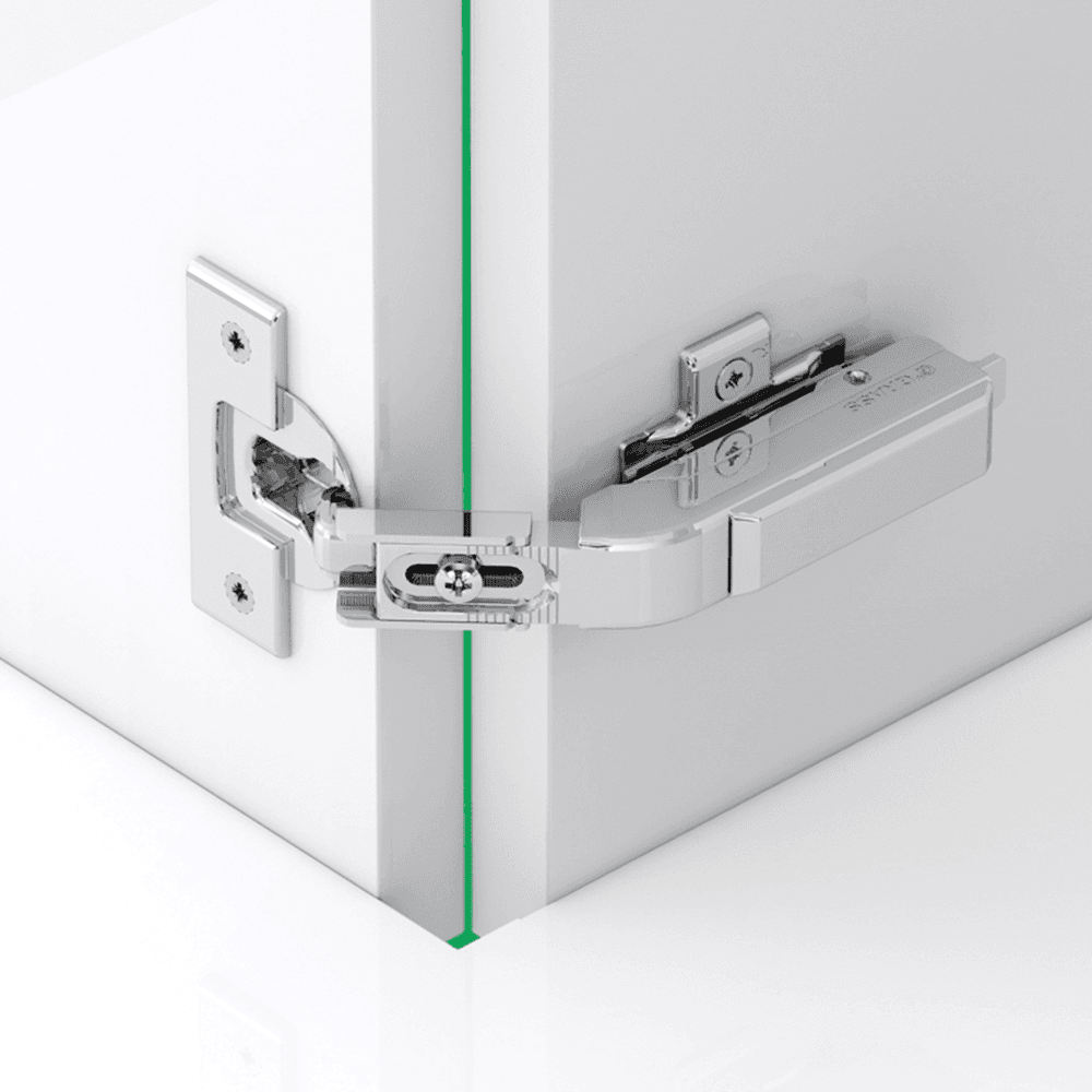 Tiomos Pie-Cut Corner 110&#730; Opening Hinge, 42mm Bore Pattern, Self-Closing, Nickel-Plated, Dowelled - Alt Image 1