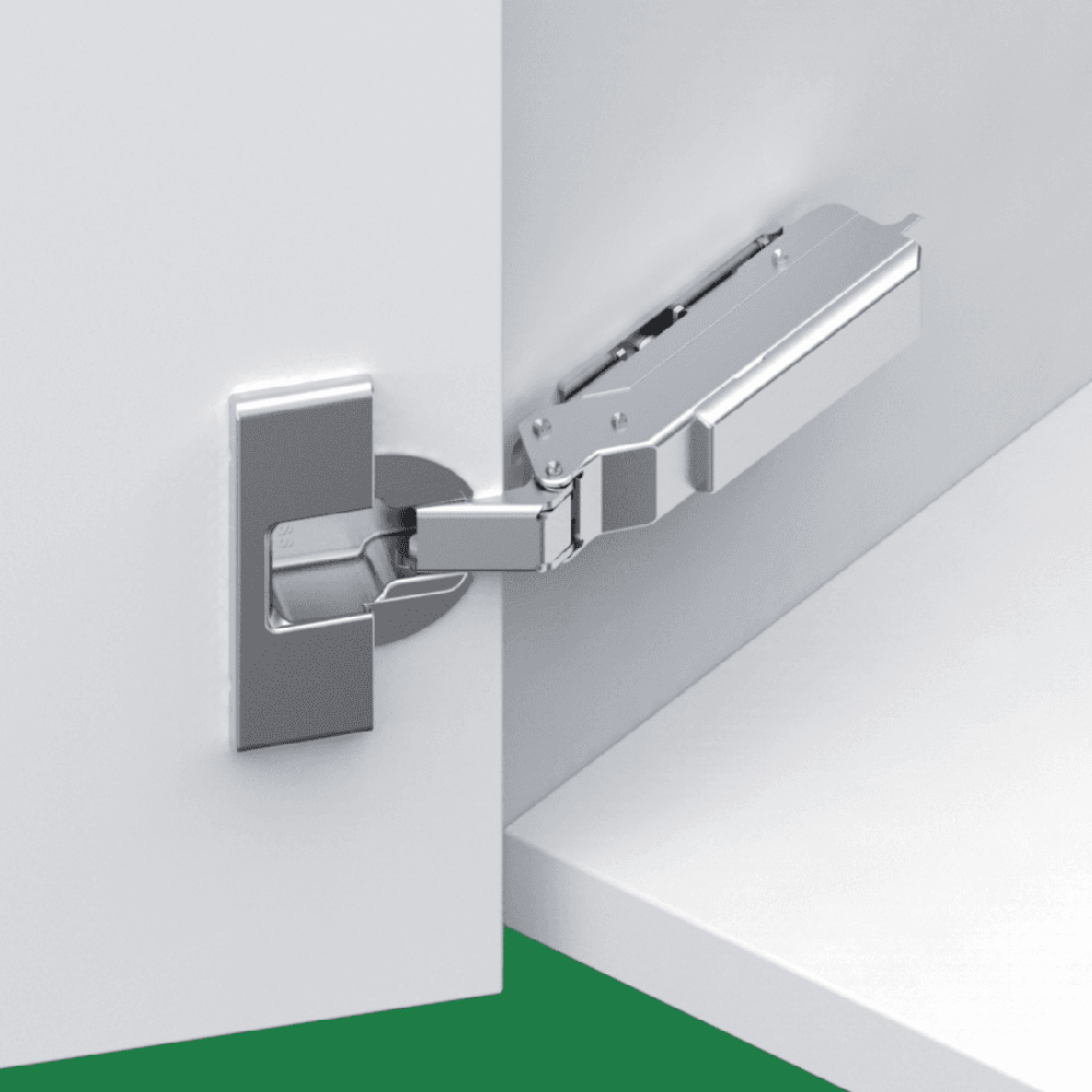Tiomos 110&#730; Opening Hinge, 42mm Bore Pattern, Soft-Closing, Half Overlay, Nickel-Plated, Dowelled - Alt Image 1