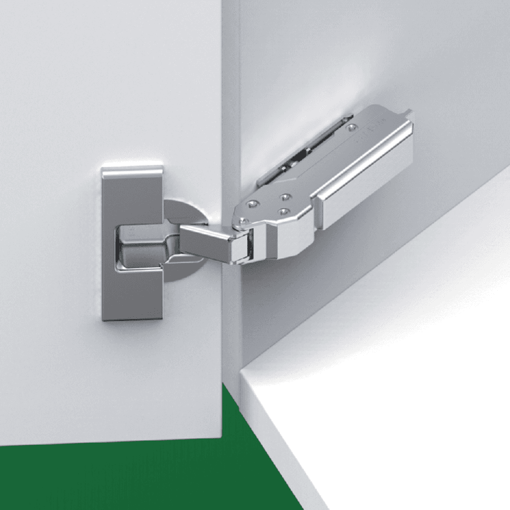 Tiomos +30&#730; Angled Corner 110&#730; Opening Hinge, 45mm Boring Pattern, Self-Closing, Overlay, Nickel-Plated, Screw-On - Alt Image 1