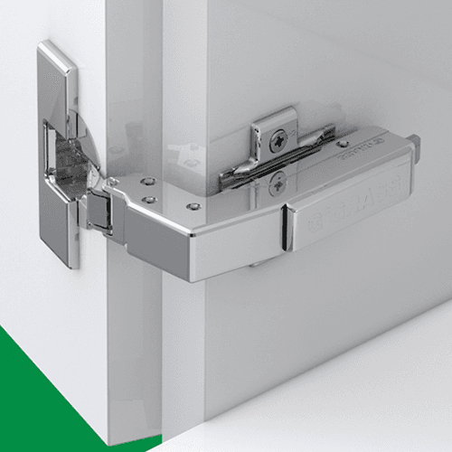 Tiomos Blind Corner 110&#730; Opening Hinge, 45mm Bore Pattern, Self-Closing, Overlay, Nickel-Plated, Dowelled - Alt Image 1