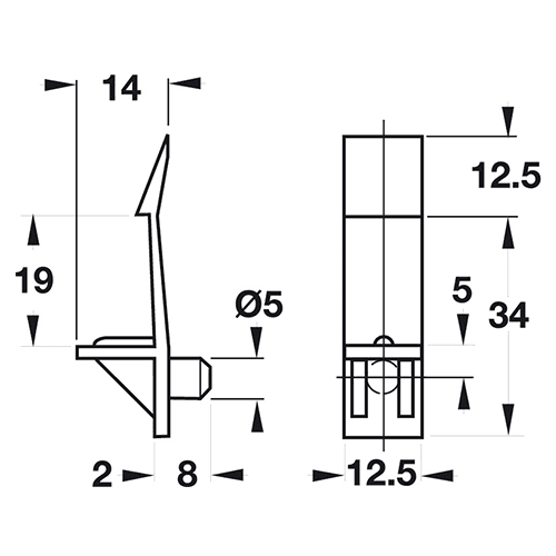 Beige finished 5mm Plastic Locking Shelf Support with grooved plug and spring clip for 19mm thick wood shelves