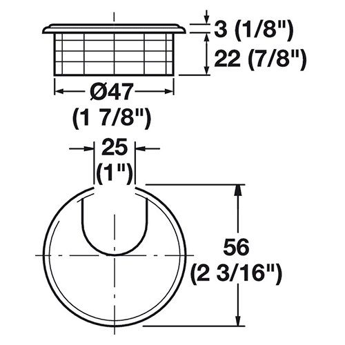 Hafele 47mm 2-Piece Cable Grommet with Break-Off Tab, Black - Plastic construction with easy access through grommet