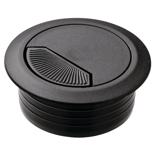 Close-up of Hafele 50mm Cable Grommet with Spring-Loaded, Black