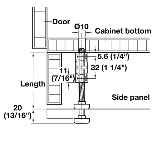 Plastic and steel/zinc-plated Hafele base leveler - min. installation height 50mm
