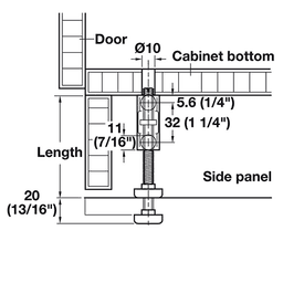 Plastic and steel/zinc-plated Hafele base leveler - min. installation height 50mm