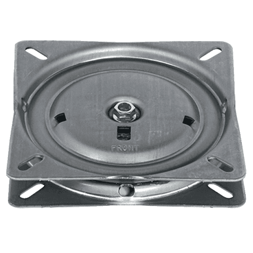 Hafele 5-1/8" x 100&#730; Chair Steel Swivel with Spring Return, ball bearing mounted, 27mm thick for medium weight furniture items like bar stools, office chairs, and TV tables.