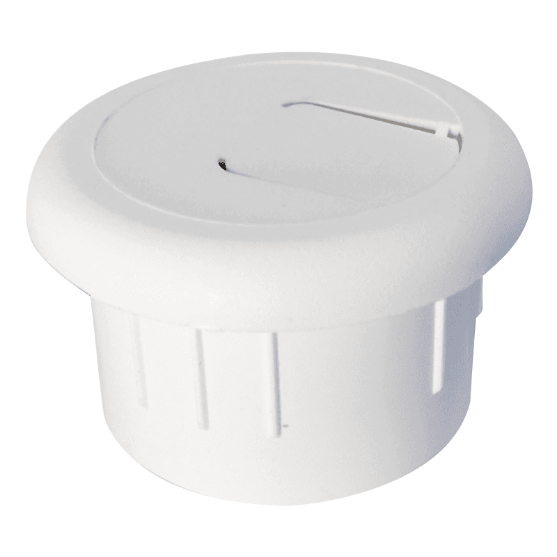 White round 2-piece cable grommet with pivot hinge hole for wire, 1-1/2" bore hole diameter, and overlapping trim edge.