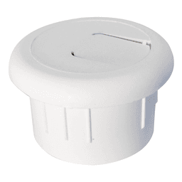 White round 2-piece cable grommet with pivot hinge hole for wire, 1-1/2" bore hole diameter, and overlapping trim edge.