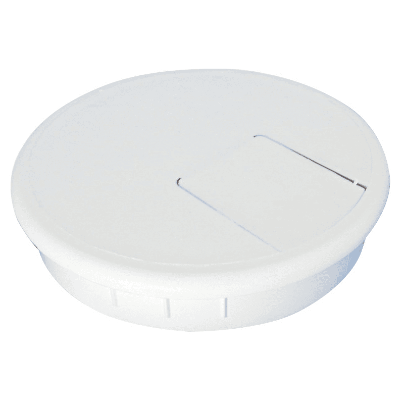 Gray round 2-piece cable grommet with pivot hinge hole for wires
